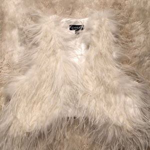 Bebe white satin vest, ostrich plume adorns front